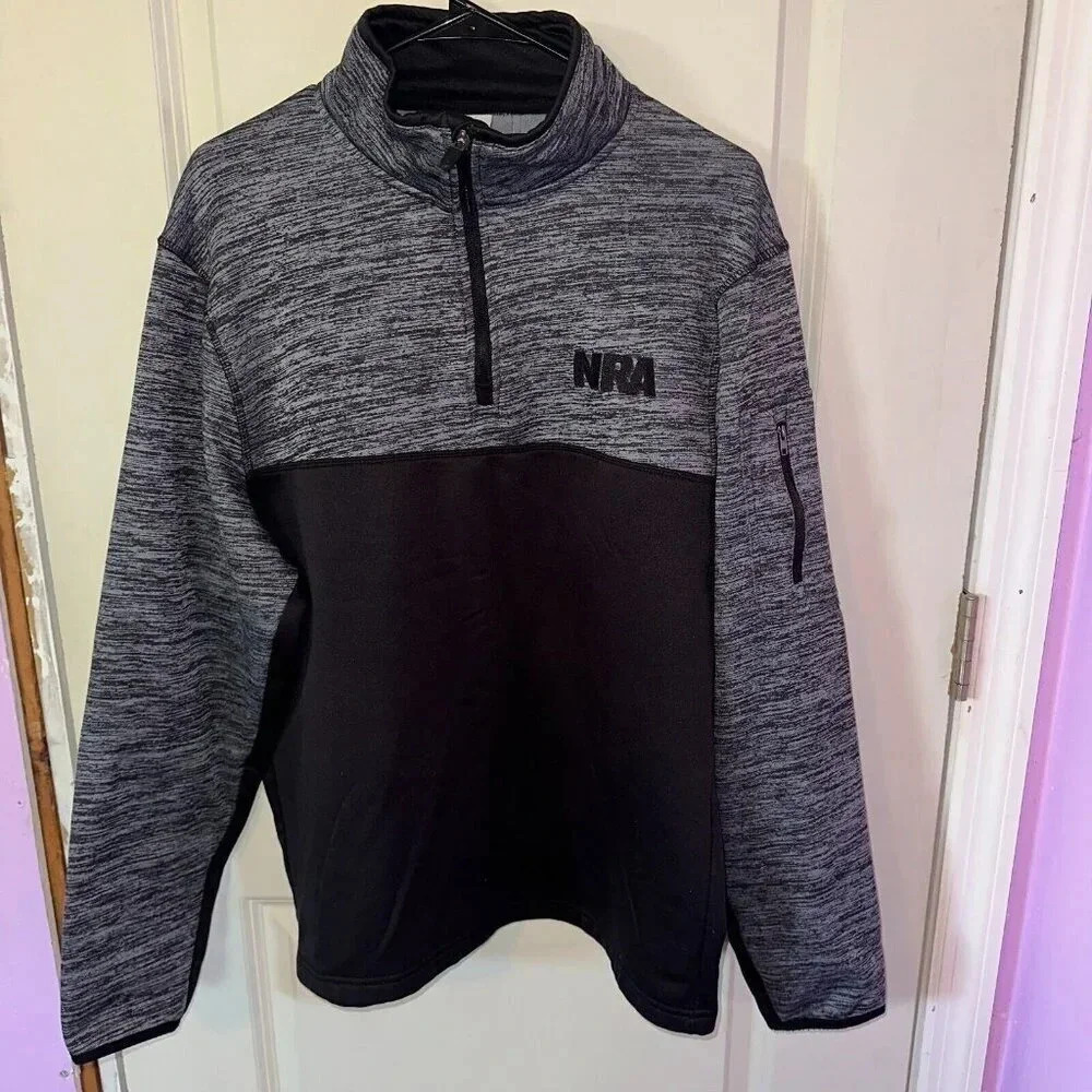 NRA Men's Large 1/4 Zip Fleece Pullover Black Gray Jacket Shirt Long Sleeve